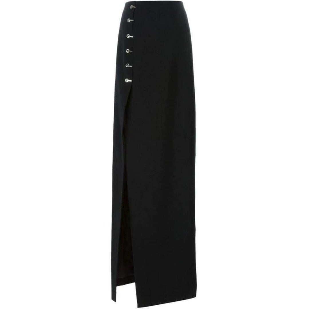 Mugler-Eyelet Detail Stretch Black Crepe Maxi Skirt - Runway Catalog