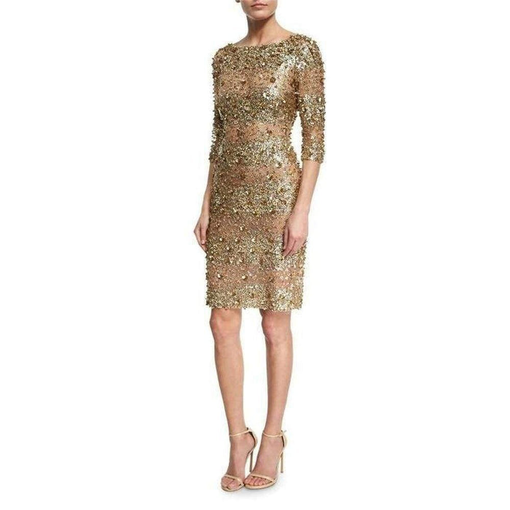 Naeem Khan-Naeem Khan Beaded Gold Fitted Cocktail Dress - Runway Catalog