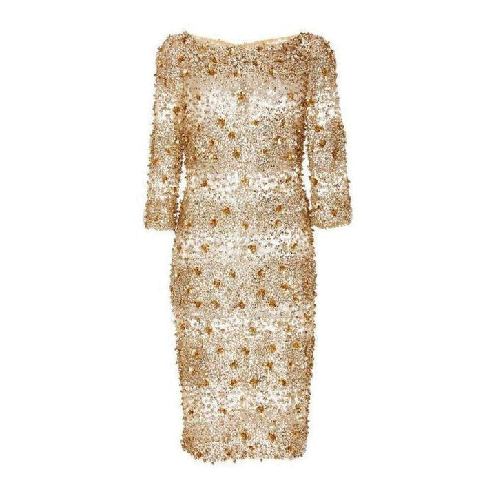 Naeem Khan Beaded Gold Fitted Cocktail Dress