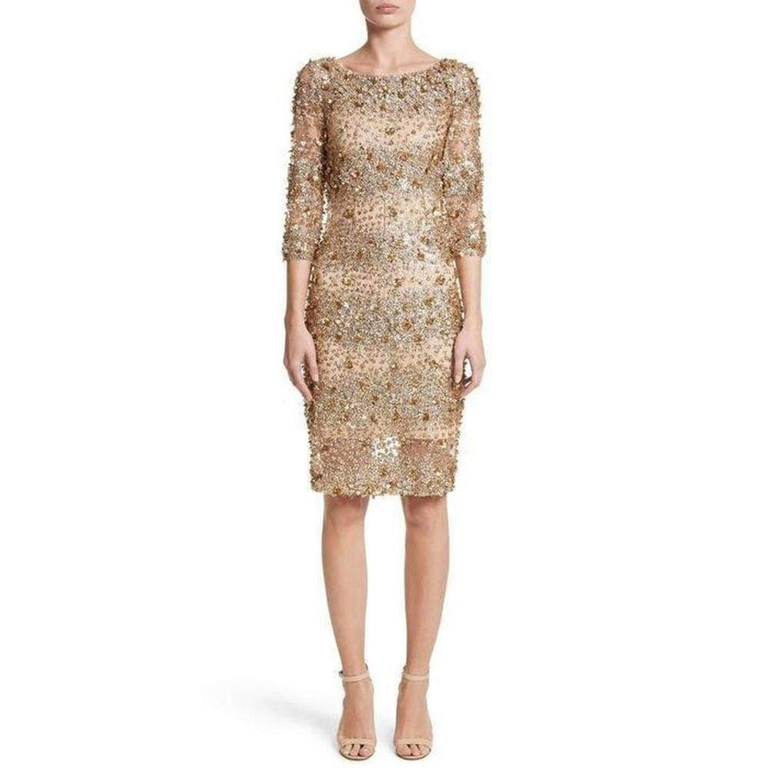 Naeem Khan Beaded Gold Fitted Cocktail Dress