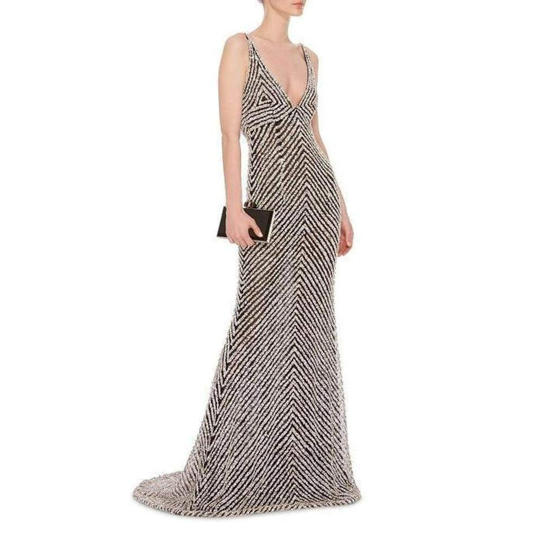 Naeem Khan Beaded Sequin V Neck Gown