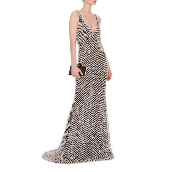 Naeem Khan Beaded Sequin V Neck Gown