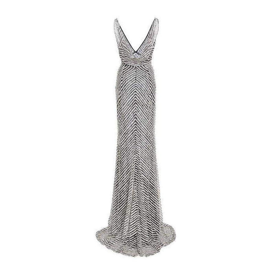 Naeem Khan-Naeem Khan Beaded Sequin V Neck Gown - Runway Catalog