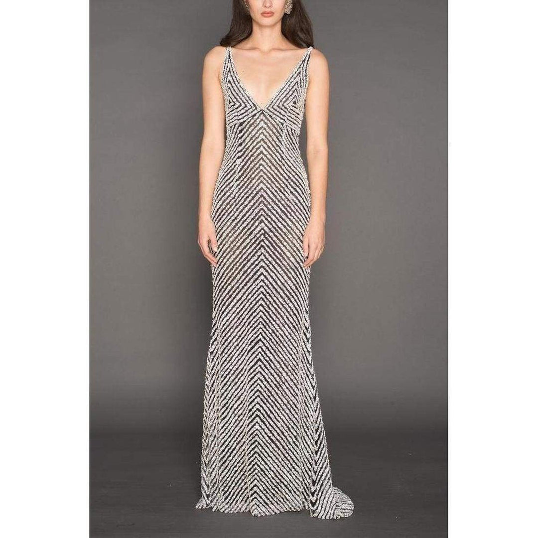 Naeem Khan Beaded Sequin V Neck Gown