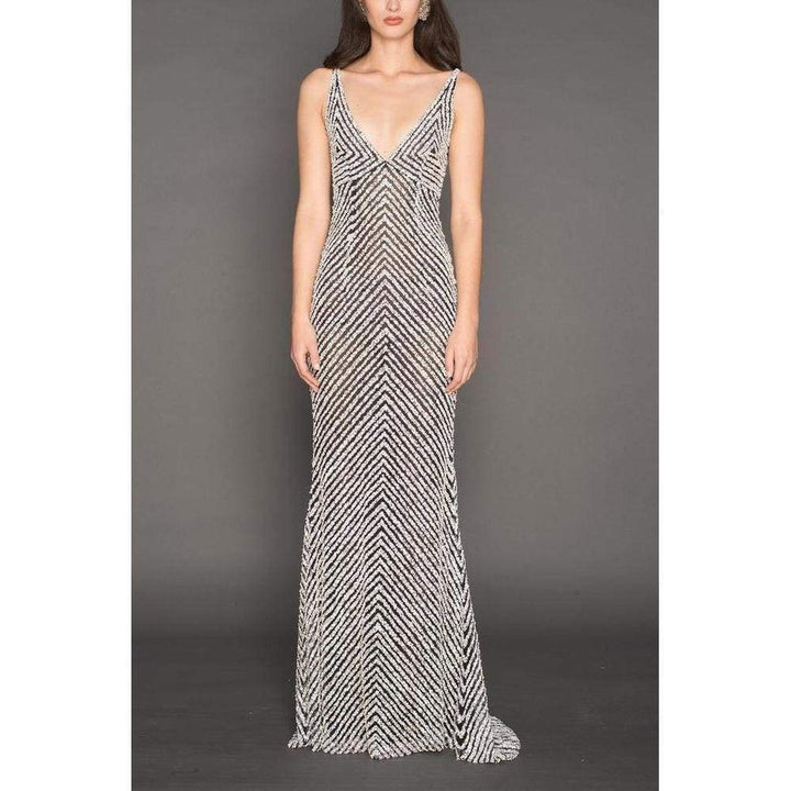 Naeem Khan Beaded Sequin V Neck Gown
