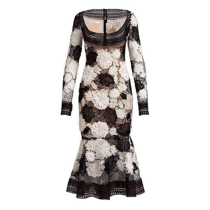 Naeem Khan-Naeem Khan Floral Guipure Lace Long Sleeve Dress - Runway Catalog