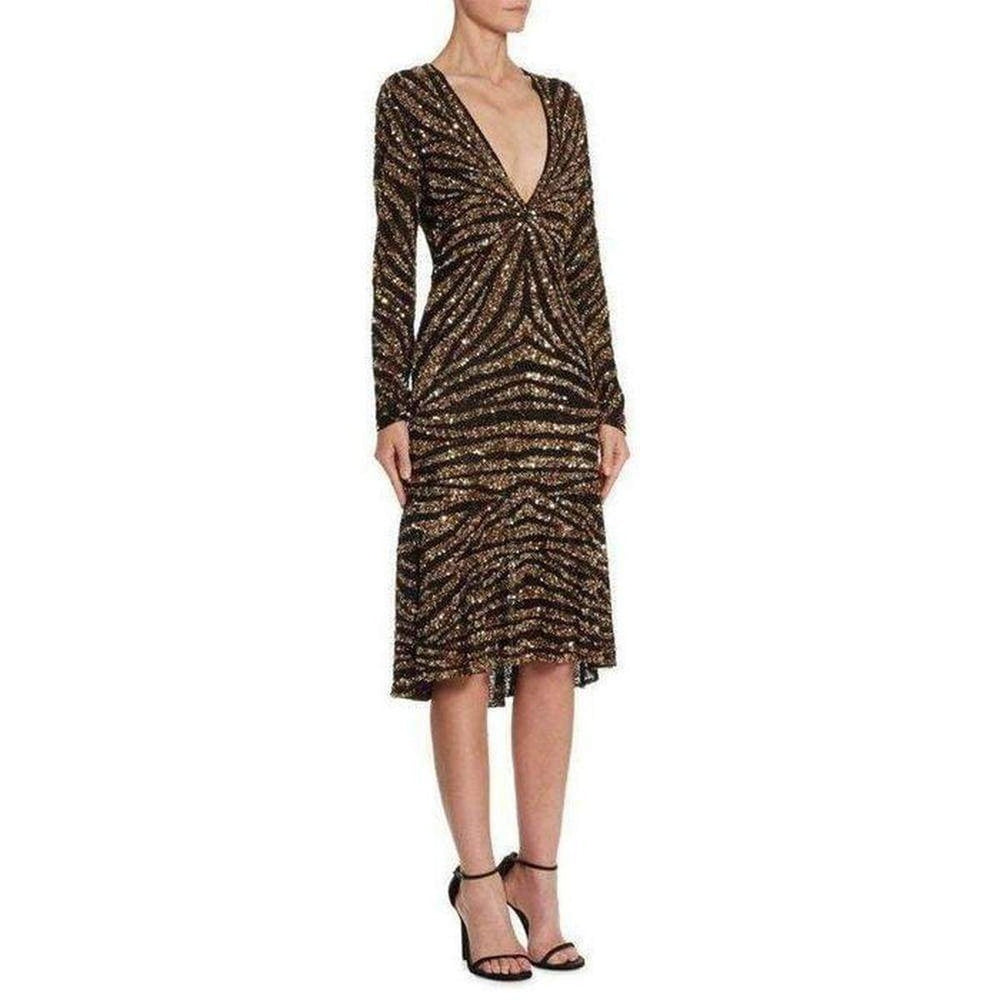 Naeem Khan-Naeem Khan Sequin V-Neck Fitted Cocktail Dress - Runway Catalog