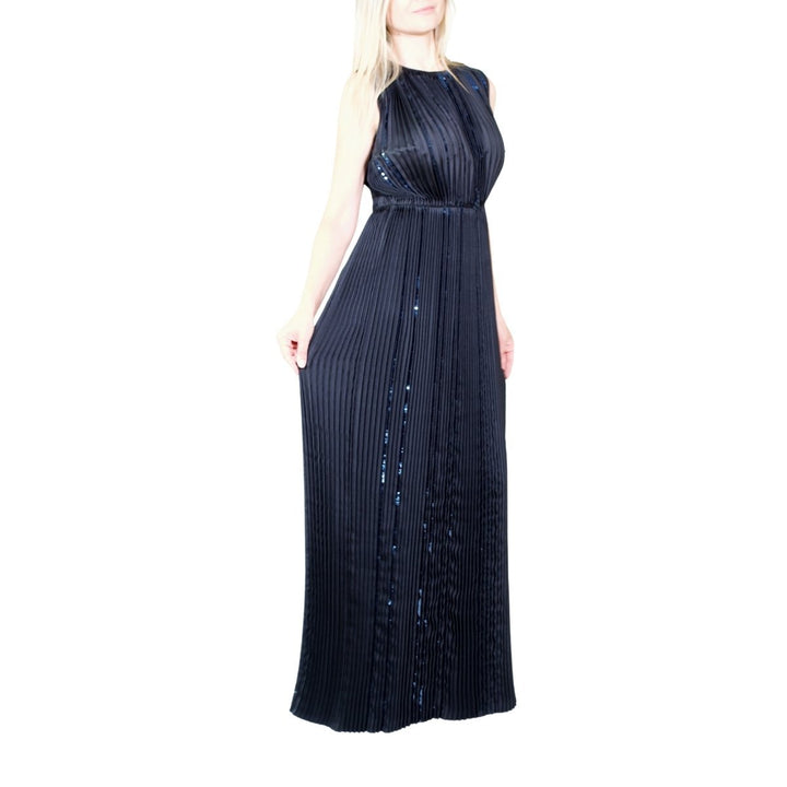 Black Pleated Sequin Embellished Maxi Silk Gown