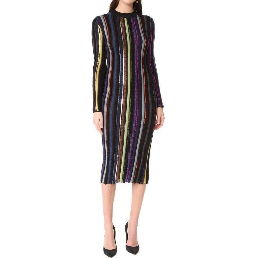 Long Sleeve Sequin Embellished Knit Bayadere Dress