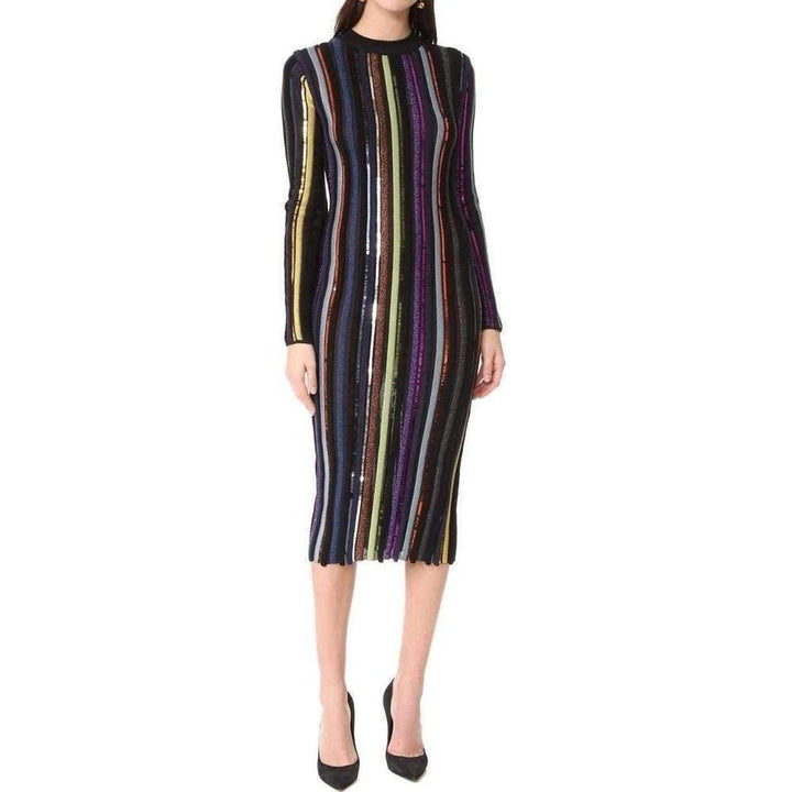 Long Sleeve Sequin Embellished Knit Bayadere Dress