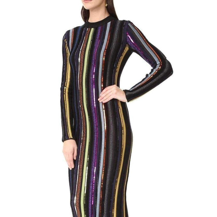 Long Sleeve Sequin Embellished Knit Bayadere Dress