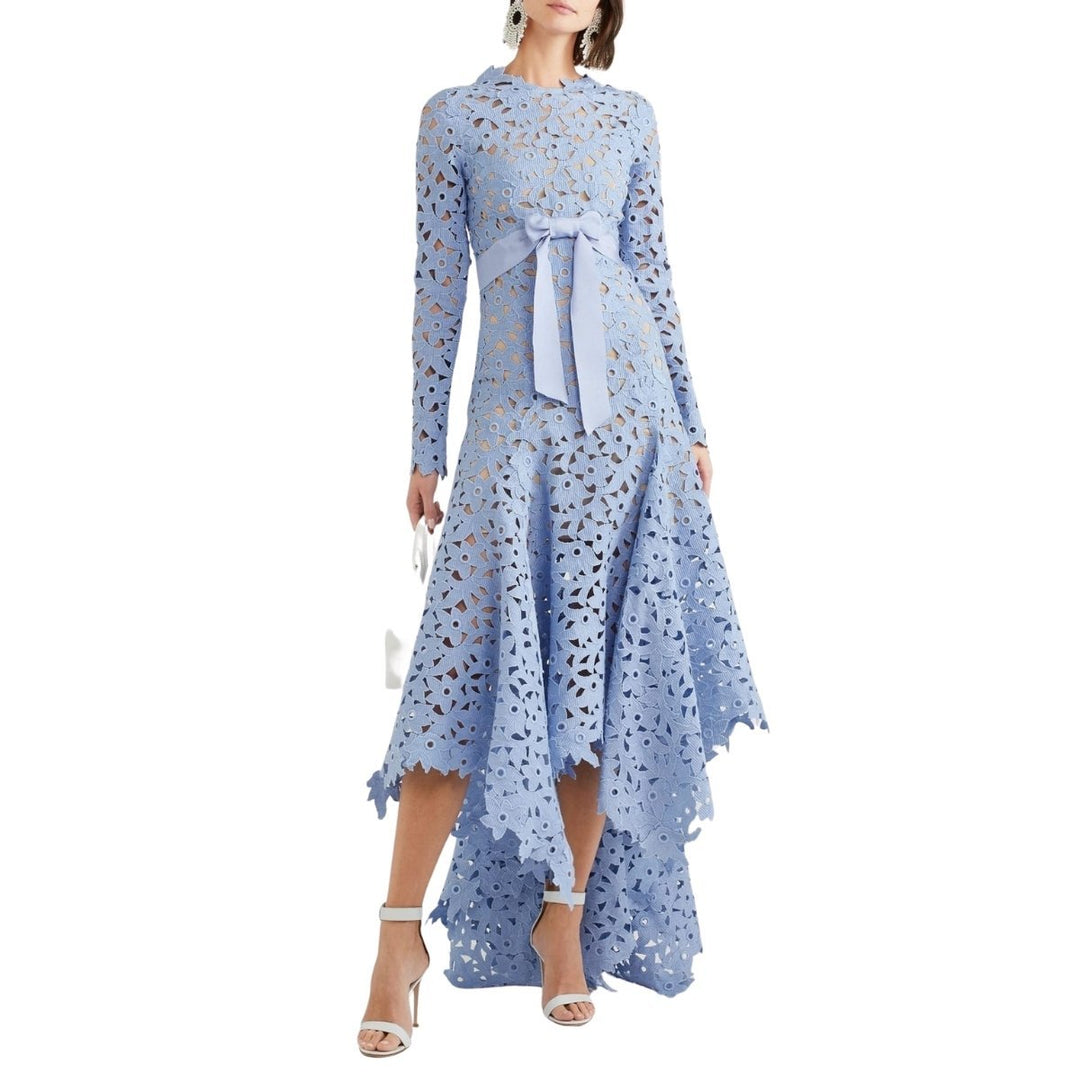 Asymmetric Guipure Lace Blue Gown