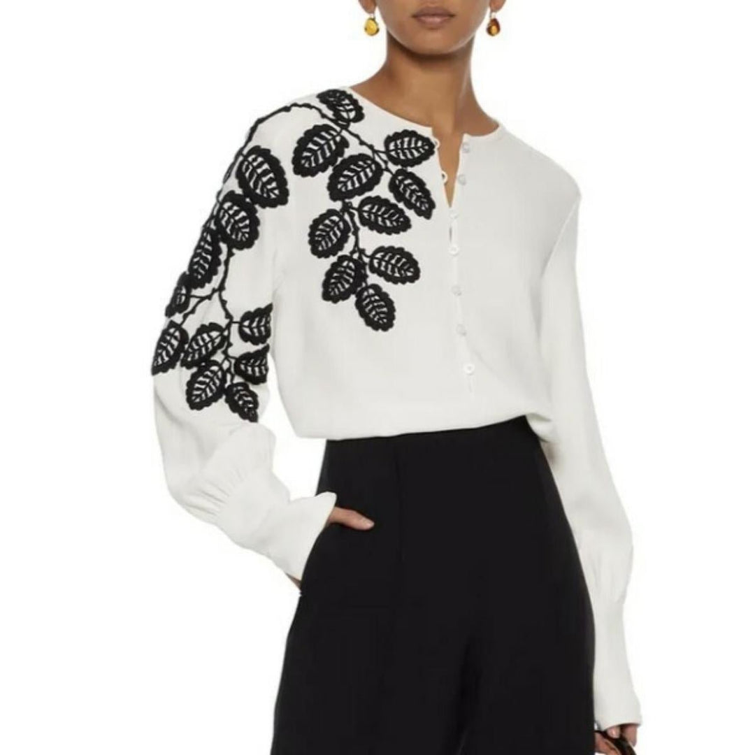 Leaf Embroidered Silk Blouse