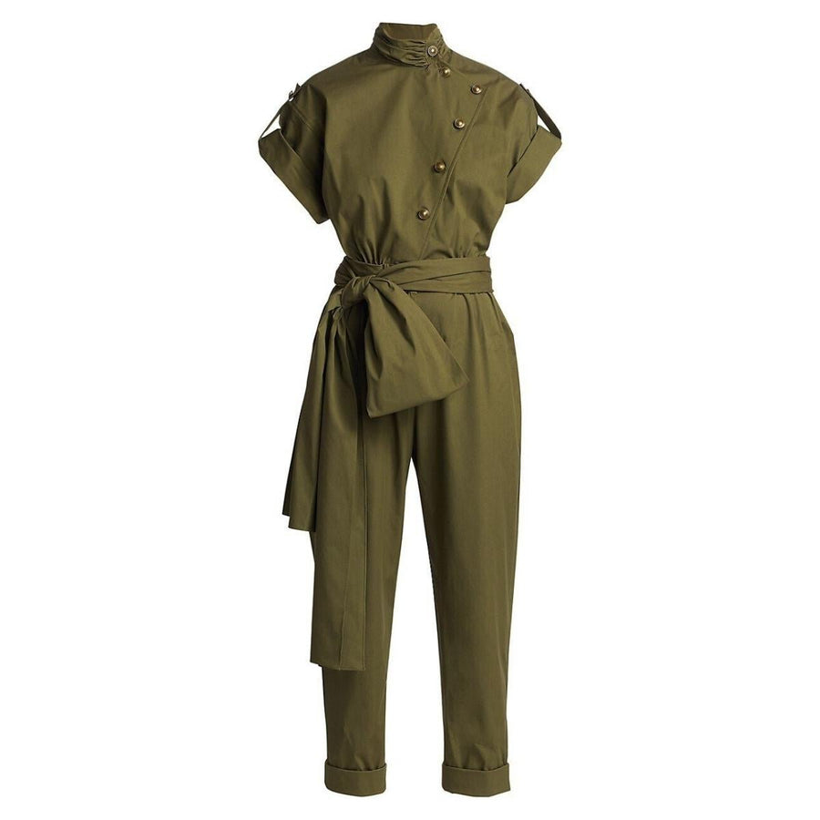 OSCAR DE LA RENTA-Military Asymmetric Button-Front Jumpsuit - Runway Catalog