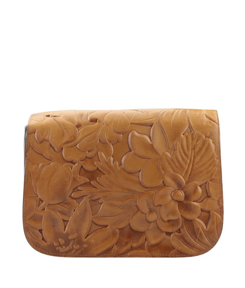 Patricia Nash Deep Embossed Flap Medium Tan Leather Shoulder Bag
