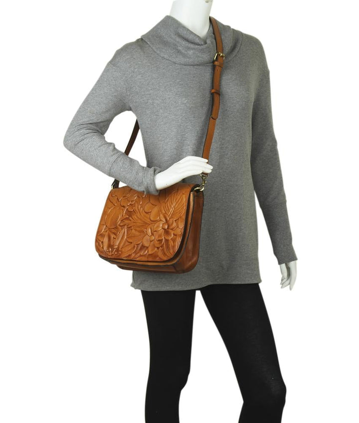 Patricia Nash Deep Embossed Flap Medium Tan Leather Shoulder Bag