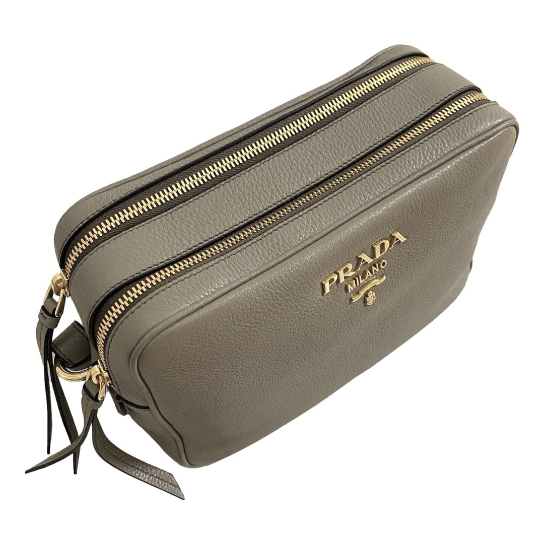 Prada Argilla Grey Vitello Phenix Leather Double Zip Cross Body Bag 1BH079
