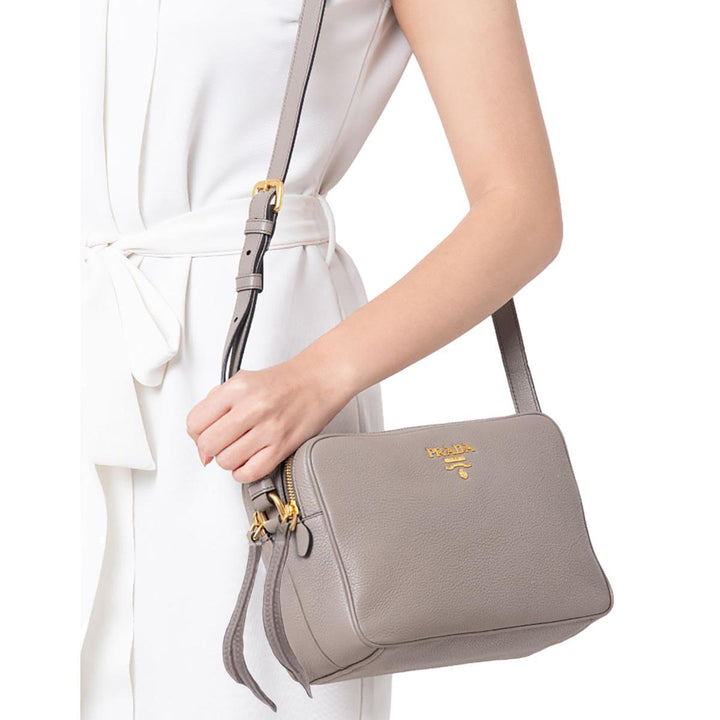 Prada Argilla Grey Vitello Phenix Leather Double Zip Cross Body Bag 1BH079