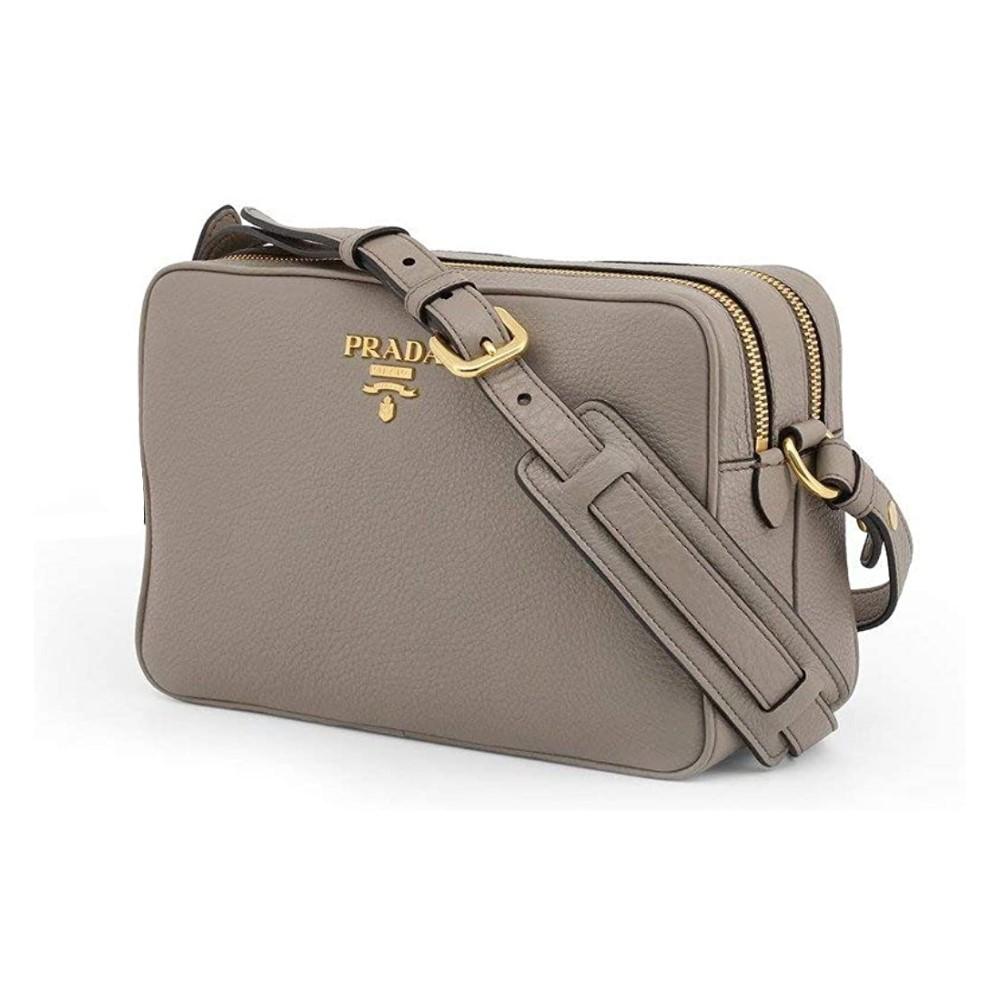 Prada Argilla Grey Vitello Phenix Leather Double Zip Cross Body Bag 1BH079