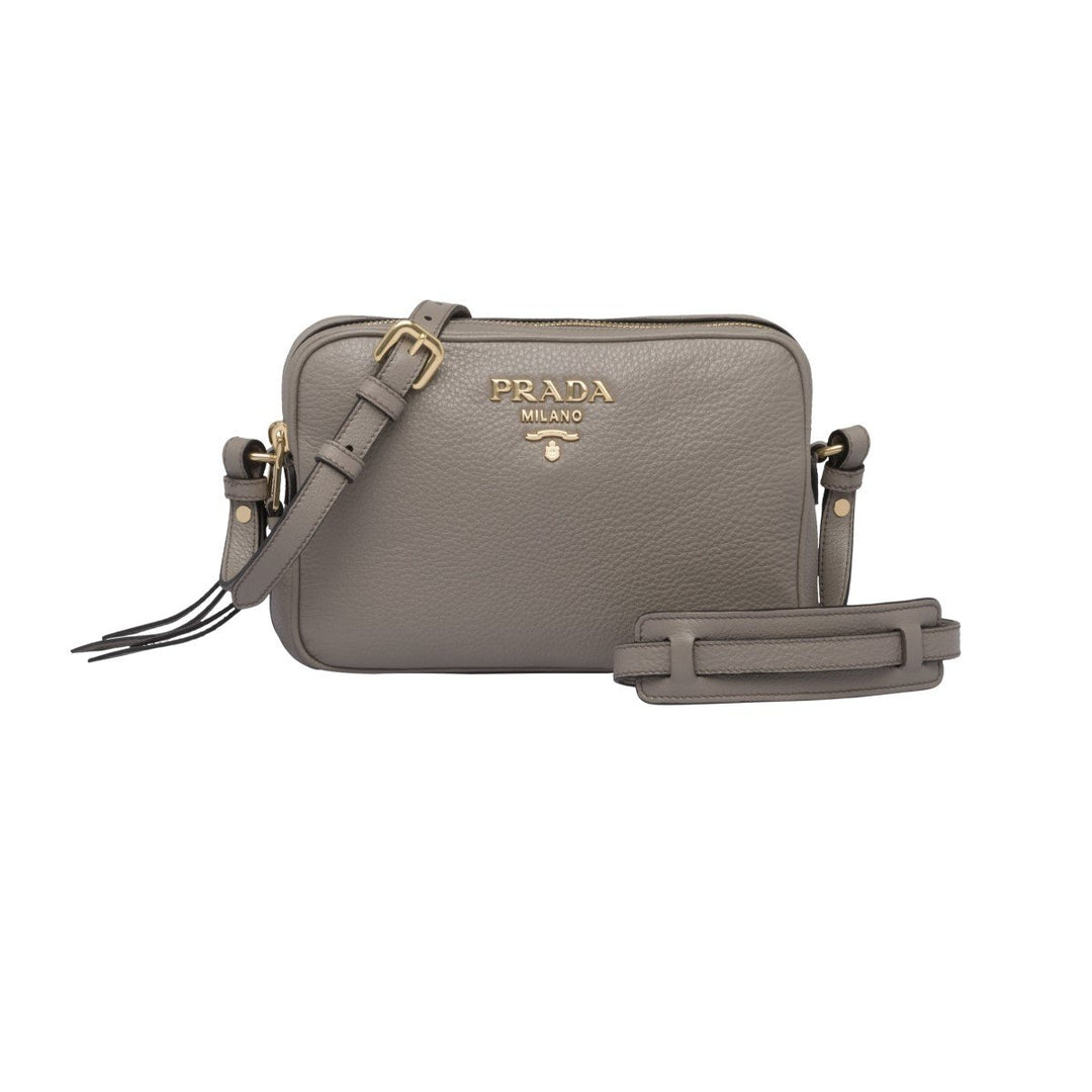 Prada Argilla Grey Vitello Phenix Leather Double Zip Cross Body Bag 1BH079