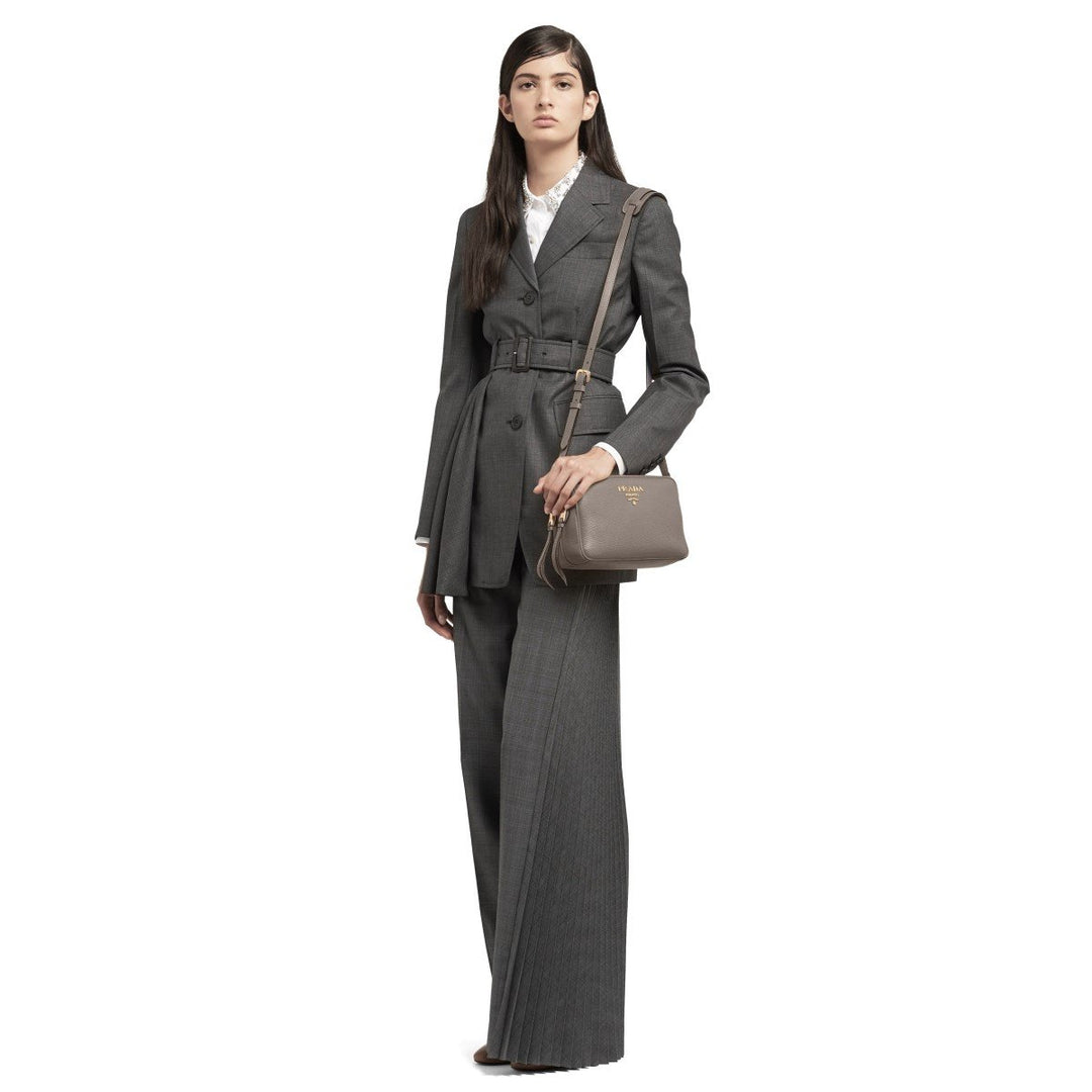 Prada Argilla Grey Vitello Phenix Leather Double Zip Cross Body Bag 1BH079