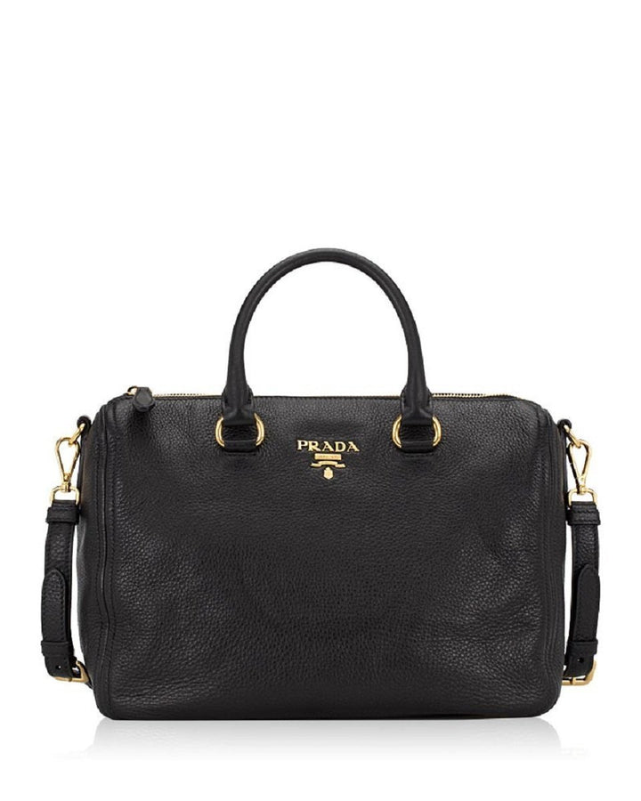 Prada Vitello Phenix Black Leather Top Handle Satchel Handbag 1BB023