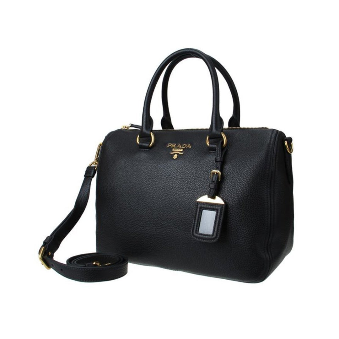 Prada Vitello Phenix Black Leather Top Handle Satchel Handbag 1BB023