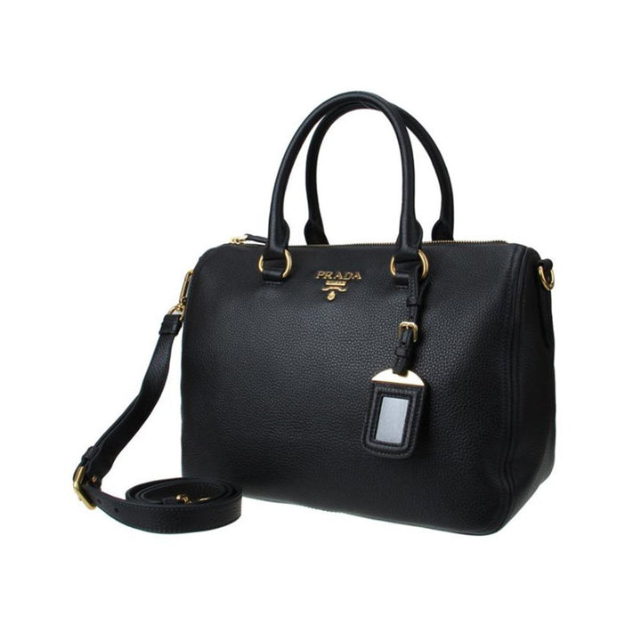 Prada Vitello Phenix Black Leather Top Handle Satchel Handbag 1BB023