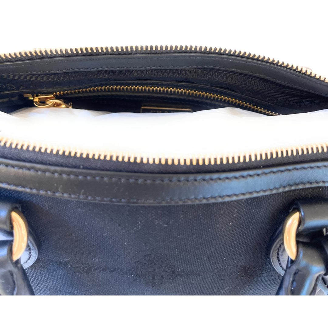 Prada Black Canvas Jacquard Logo Leather Trim Small Satchel 1BA111
