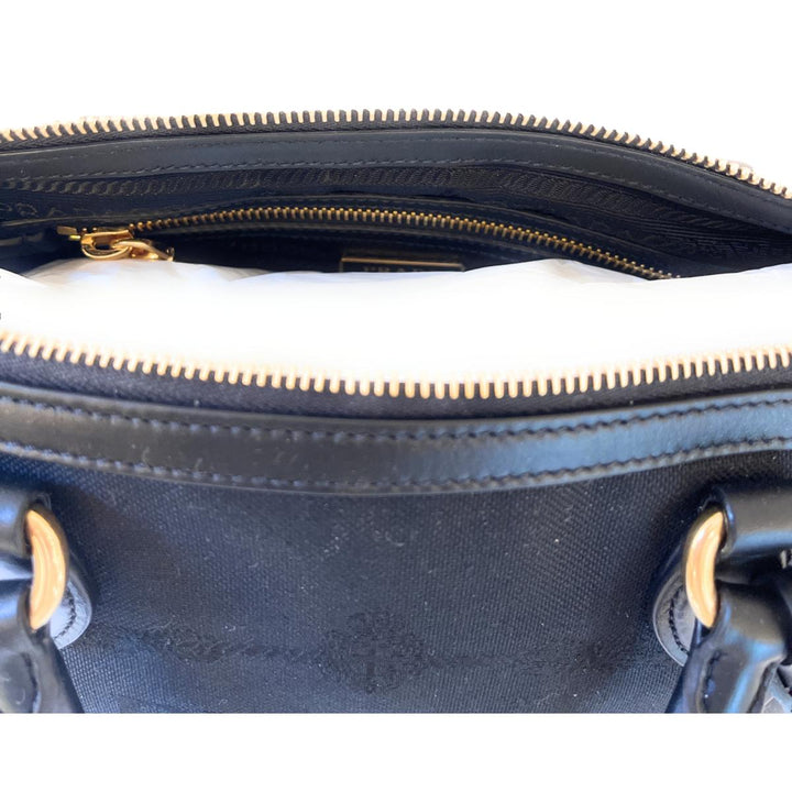 Prada Black Canvas Jacquard Logo Leather Trim Small Satchel 1BA111