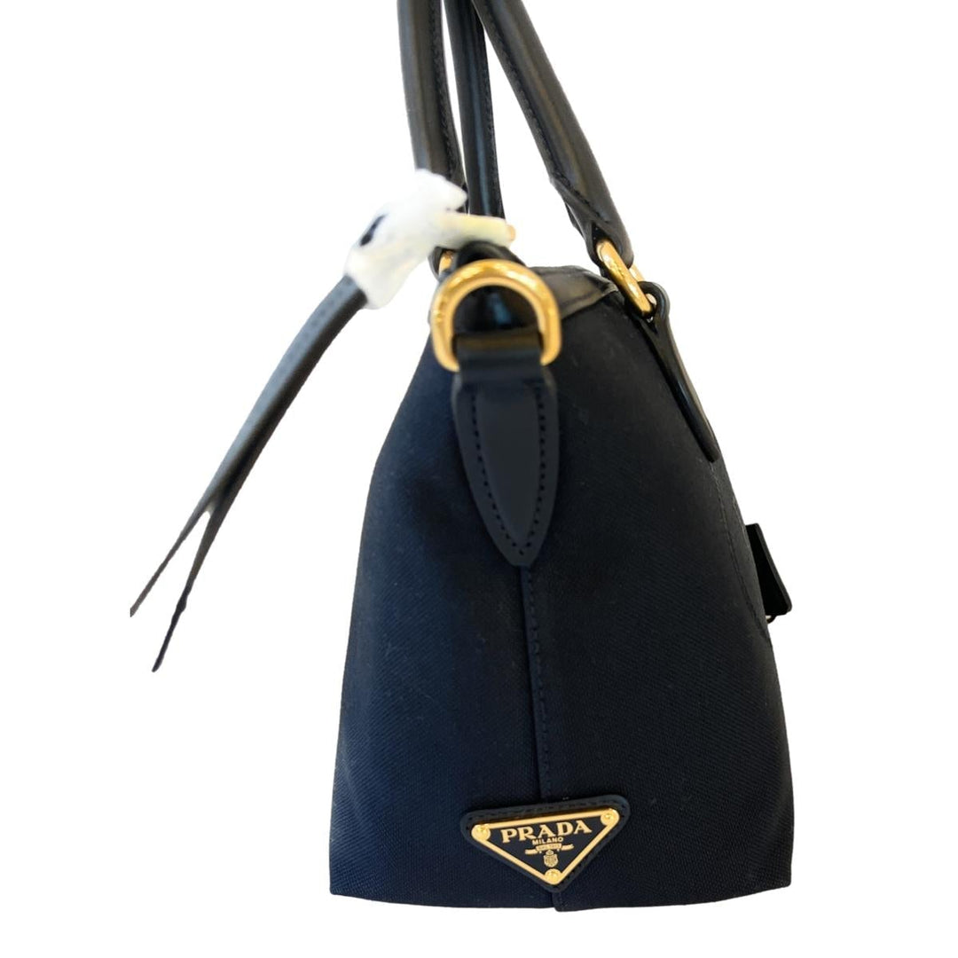 Prada Black Canvas Jacquard Logo Leather Trim Small Satchel 1BA111