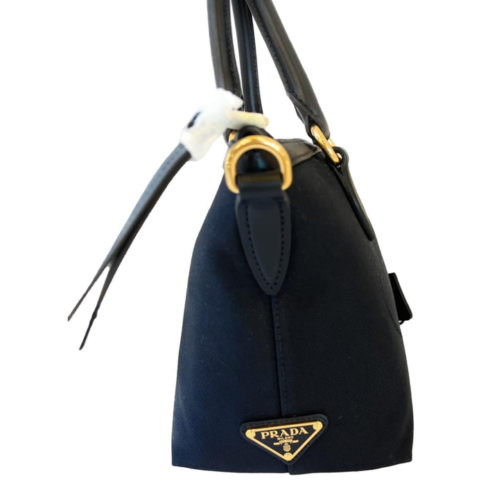 Prada Black Canvas Jacquard Logo Leather Trim Small Satchel 1BA111