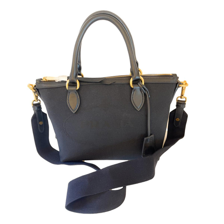 Prada Black Canvas Jacquard Logo Leather Trim Small Satchel 1BA111