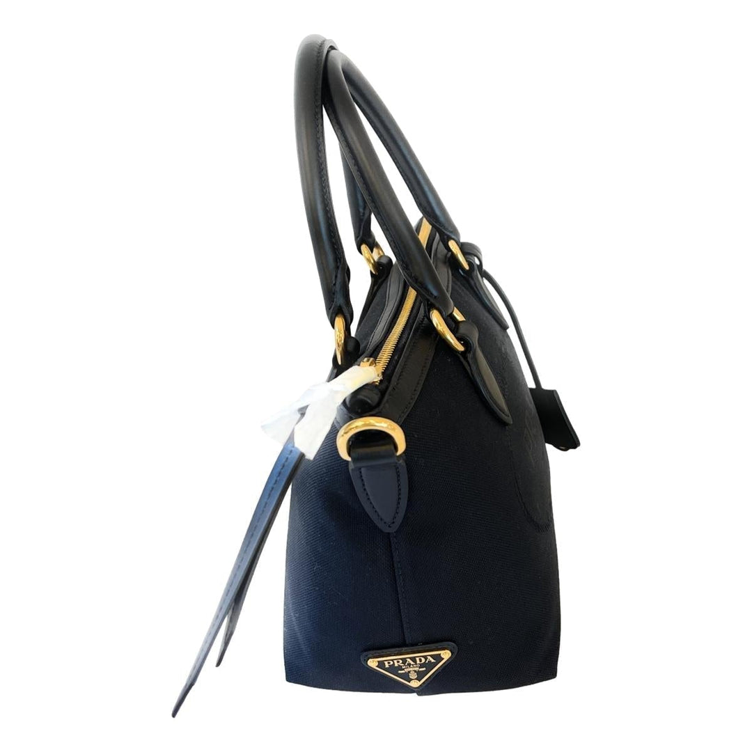 Prada Black Canvas Jacquard Logo Leather Trim Small Satchel 1BA111
