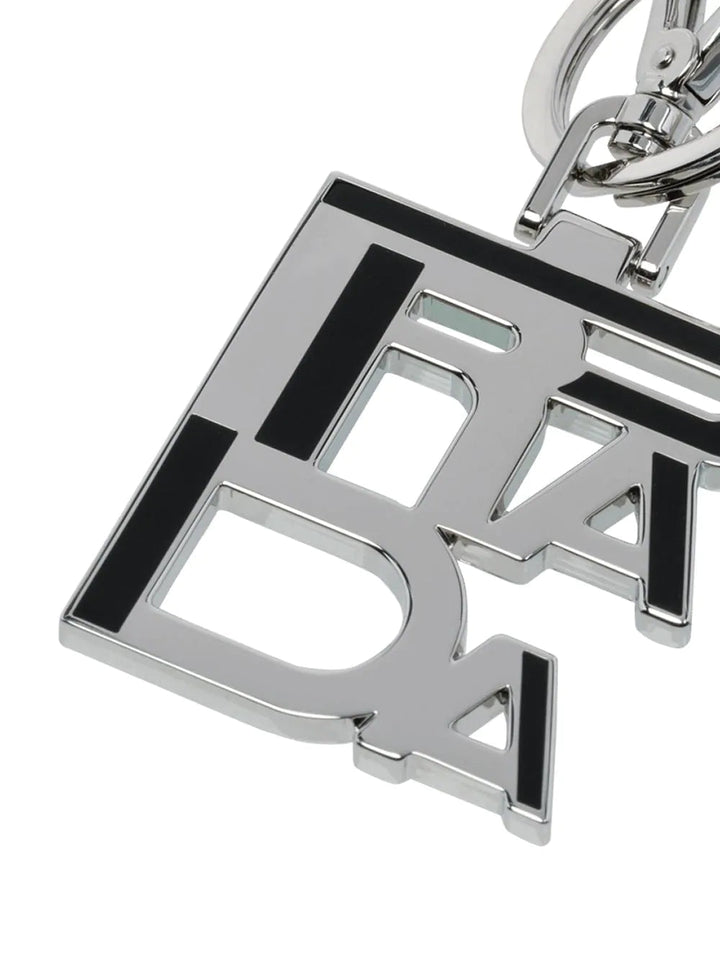 Prada Black Enamel Logo Silver Metallic Keychain Charm 2PS034