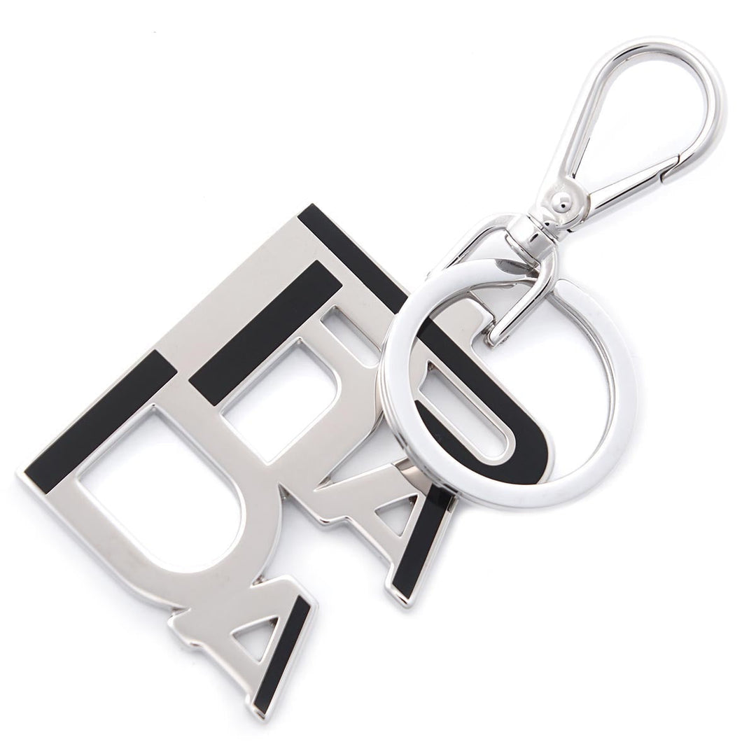 Prada Black Enamel Logo Silver Metallic Keychain Charm 2PS034