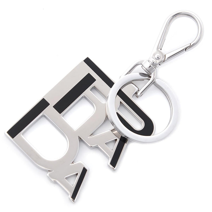 Prada Black Enamel Logo Silver Metallic Keychain Charm 2PS034