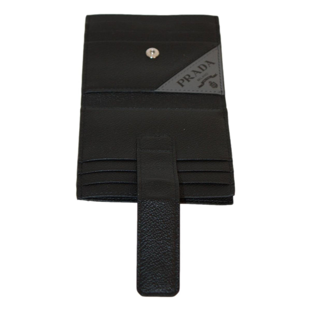 Prada Black Grey Vitello Grain Leather Card Case Bifold Wallet 2MC049