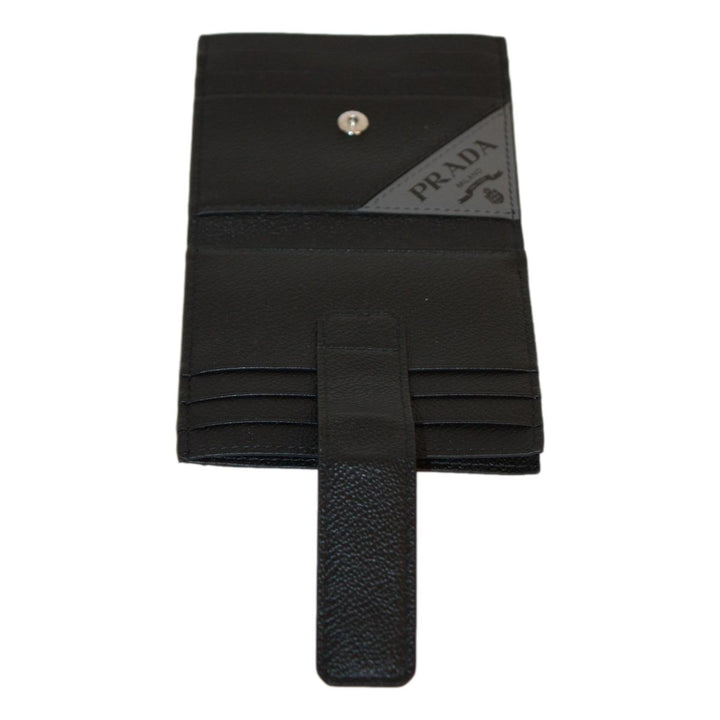 Prada Black Grey Vitello Grain Leather Card Case Bifold Wallet 2MC049