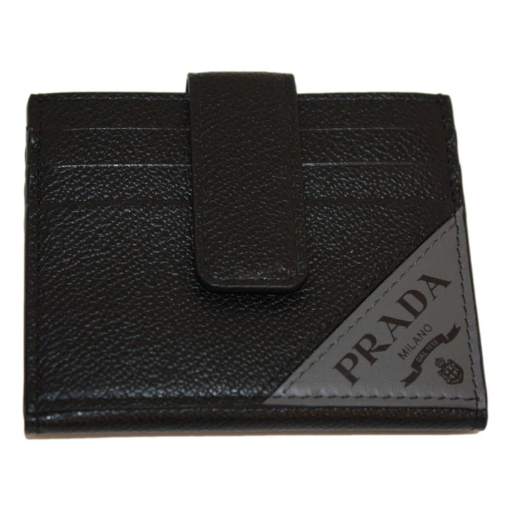 Prada Black Grey Vitello Grain Leather Card Case Bifold Wallet 2MC049