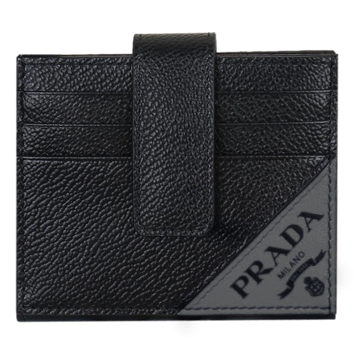 Prada Black Grey Vitello Grain Leather Card Case Bifold Wallet 2MC049