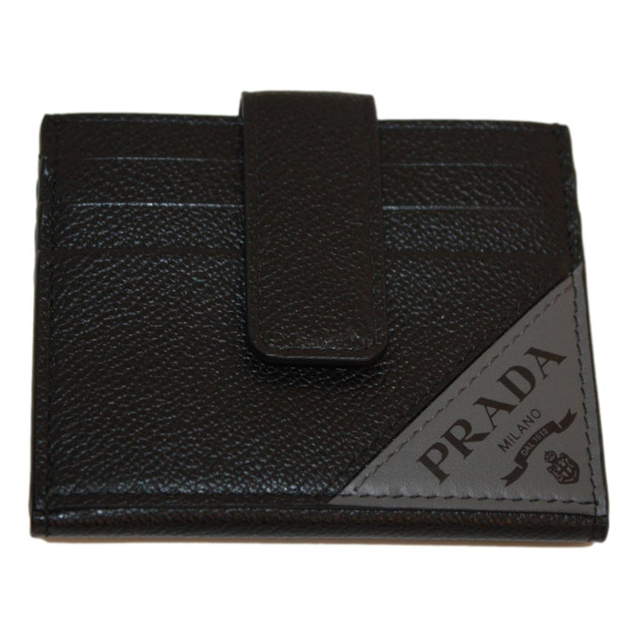 Prada Black Grey Vitello Grain Leather Card Case Bifold Wallet 2MC049