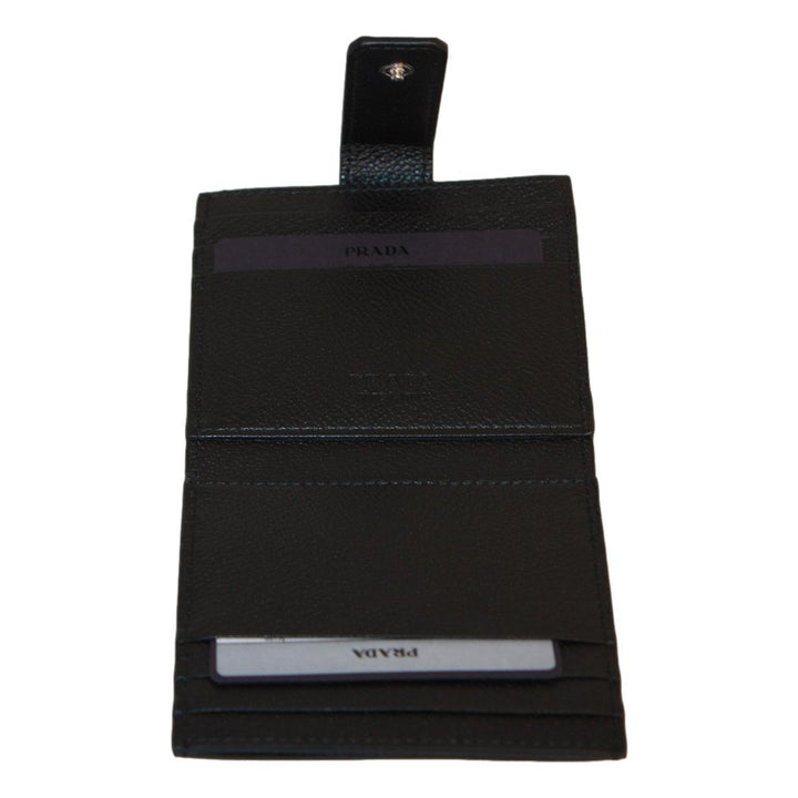 Prada Black Grey Vitello Grain Leather Card Case Bifold Wallet 2MC049