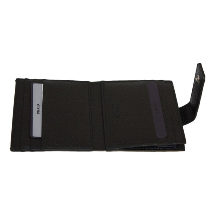 Prada Black Grey Vitello Grain Leather Card Case Bifold Wallet 2MC049