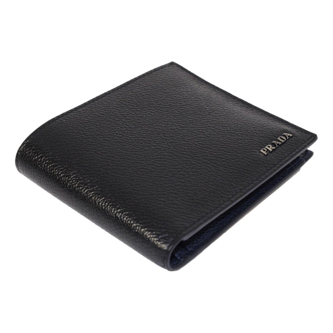Prada Black Navy Vitello Micro Grain Leather Bifold Wallet 2MO738