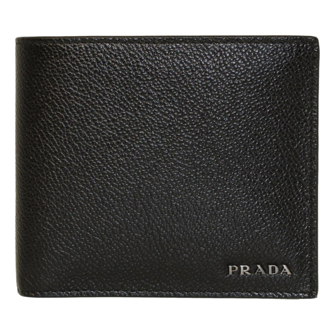 Prada Black Navy Vitello Micro Grain Leather Bifold Wallet 2MO738