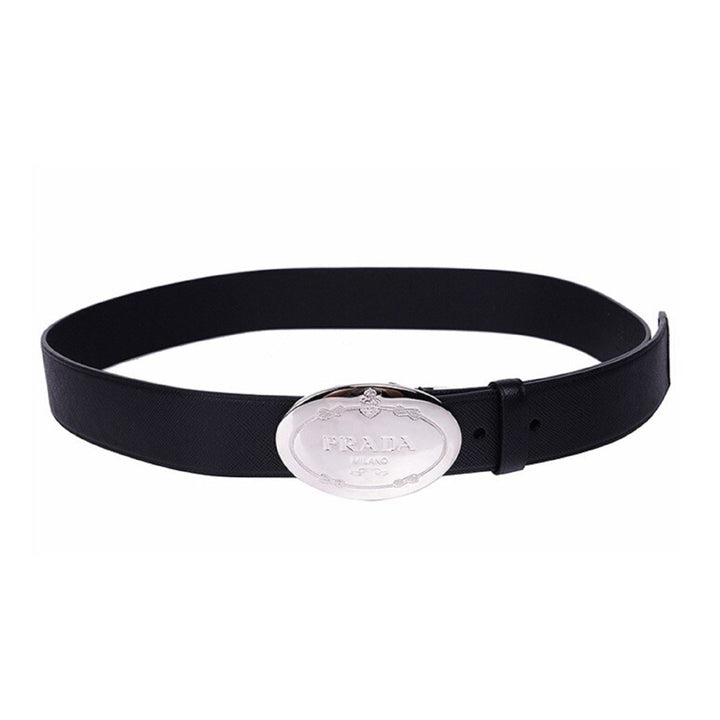 Prada Black Saffiano Leather Engraved Oval Plaque Buckle Size: 110/44 Belt 2CM046
