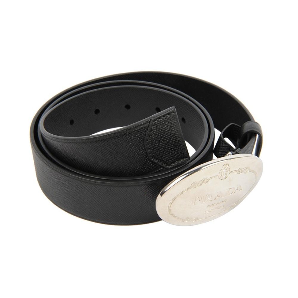 Prada Black Saffiano Leather Engraved Oval Plaque Buckle Size: 110/44 Belt 2CM046