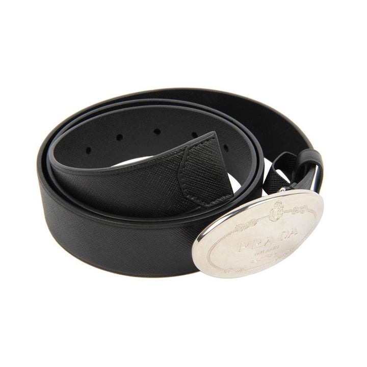 Prada Black Saffiano Leather Engraved Oval Plaque Buckle Size: 110/44 Belt 2CM046