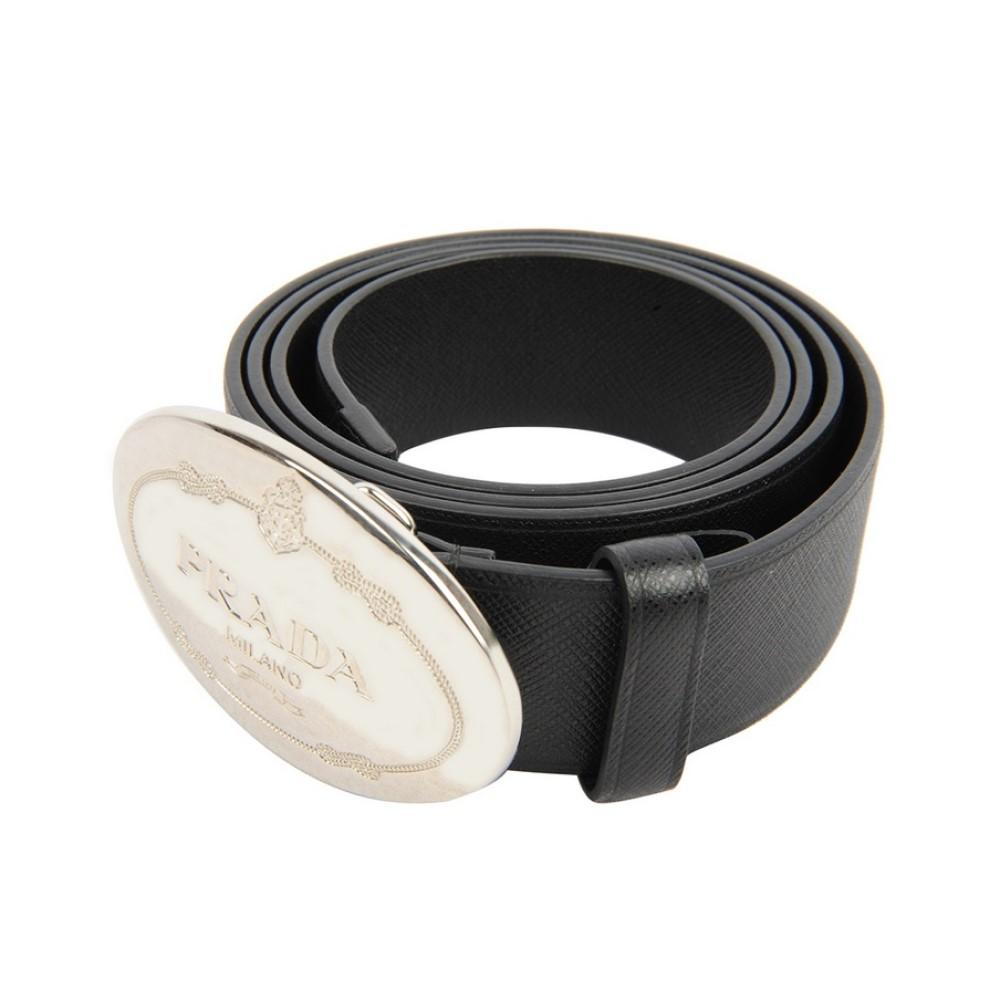 Prada Black Saffiano Leather Engraved Oval Plaque Buckle Size: 110/44 Belt 2CM046